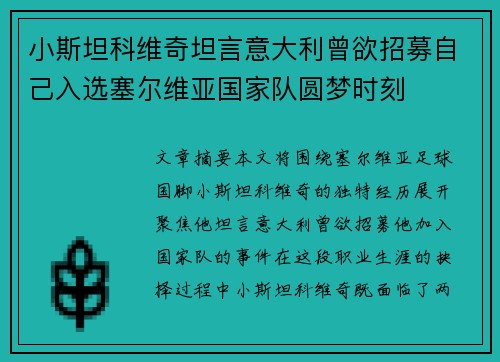小斯坦科维奇坦言意大利曾欲招募自己入选塞尔维亚国家队圆梦时刻